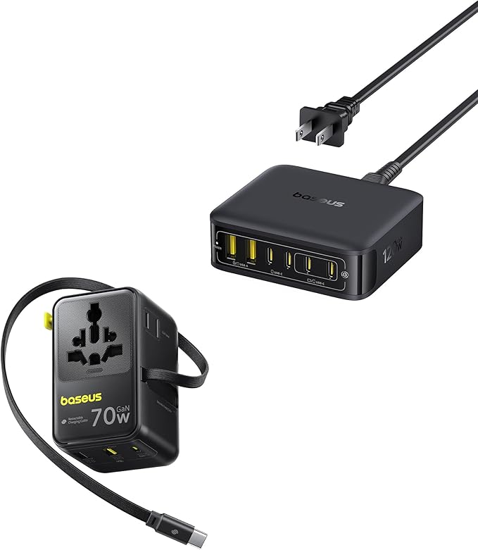 Baseus 70W Universal Travel Adapter with Retractable Cable, 6-in-1 International Plug Adapter and Baseus Charging Station 120W, 6-in-1 USB-C PD Fast Charging Desktop Charger