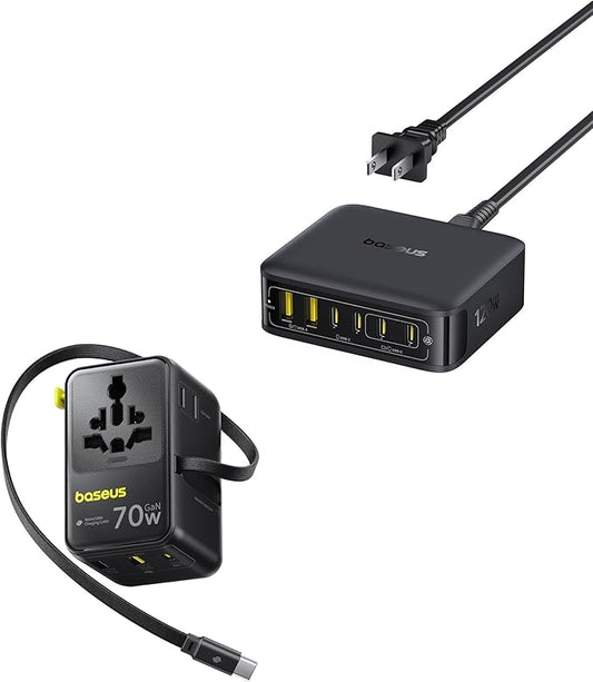 Baseus 70W Universal Travel Adapter with Retractable Cable, 6-in-1 International Plug Adapter and Baseus Charging Station 120W, 6-in-1 USB-C PD Fast Charging Desktop Charger