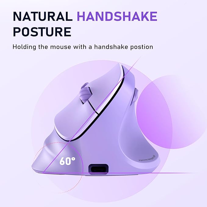 MEETION Ergonomic Mouse, Wireless Vertical Mouse RGB Backlit Rechargeable Mice for Bluetooth(5.2 + 3.0) & USB-A with USB-C Adapter 4 Adjustable DPI Compatible Mac/Windows/Andriod/PC/Tablet/iPad Purple