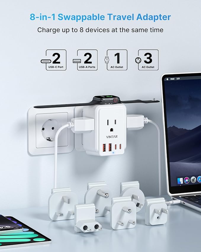 Universal Travel Adapter Kit, VINTAR International Power Adapter for Apple Watch Charger with 3 AC Outlets 4 USB Ports (2 USB C), Type A/C/D/G/I/M Detachable Plugs, US to Europe/UK/India/Africa