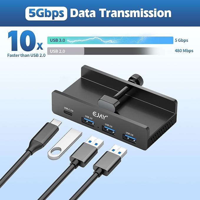 EJAY Mountable 4Ports USB3.0 HUB Alu Desktop Clamp Type C USB3.0 Splitter for Desk/Monitors with Extra Power Supply Port,59inches Data & 39inches Power Cables-5Gbps(BJ-3A1C-BK)