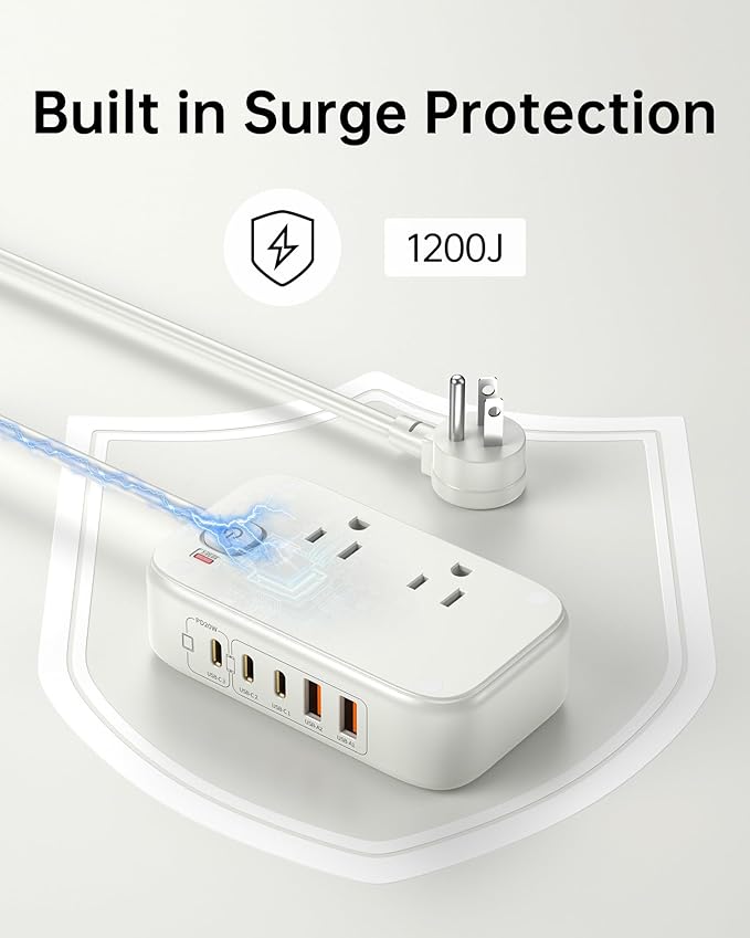 Power Strip with USB C,5 Port USB C Charger Station,White Surge Protection 1200J,5FT Flat Extension Cord USB Charging Hub for Multiple Devices (Pearl White, 30w)