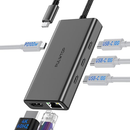 USB C Hub 10Gbps, PULWTOP USB 3.2 Adapter with 3 USB-C 3.2 Ports, 4K 60Hz HDMI, Ethernet, 100W PD in, High Speed Multiport Splitter for MacBook Pro, MacBook Air, Dell and More