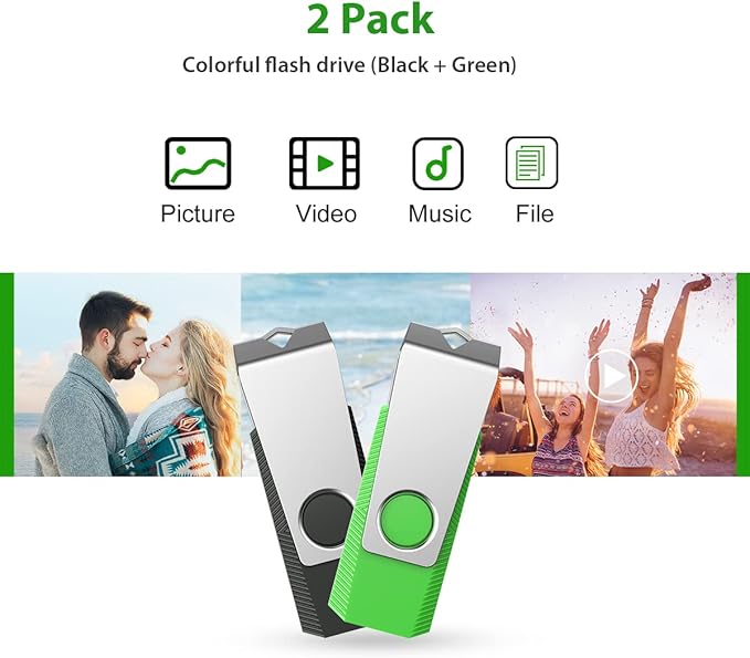 Aiibe 64GB Flash Drive 2 Pack 64GB USB Flash Drive Thumb Drive Zip Drive USB 2.0 Memory Stick USB Drive with Keychain (64G, 2 Colors: Black Green)