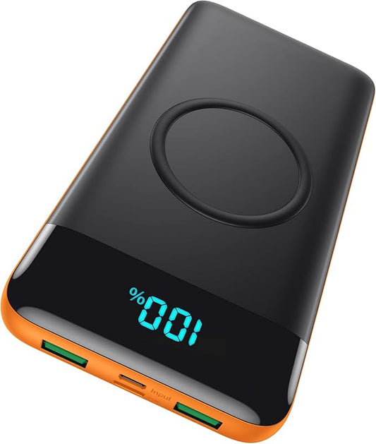 Wireless Portable Charger 30800mAh 15W Wireless Charging 25W PD QC4.0 Fast Charging Smart LED Display USB C Power Bank 4 Output and 2 Input External Battery Pack Compatible with iPhone Samsung-Orange