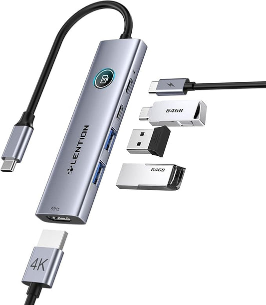 LENTION USB C Multiport Adapter, 5-in-1 USB C Hub with HDMI 4K@60Hz, USB A 3.0, Type C 3.0, 100W PD Charging, Multiport USB Adapter with Screen On/Off Button New MacBook Pro and Other Type C Devices