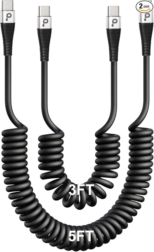 Coiled USBC to USBC Cables for Car 3FT/5FT, USB C to USB C Fast Charging Cables Short Type C Cord for iPhone 17/16/15/Pro/Plus/Pro Max/Samsung Galaxy S23, Compatible All Type C Devices-Silver 2Pack