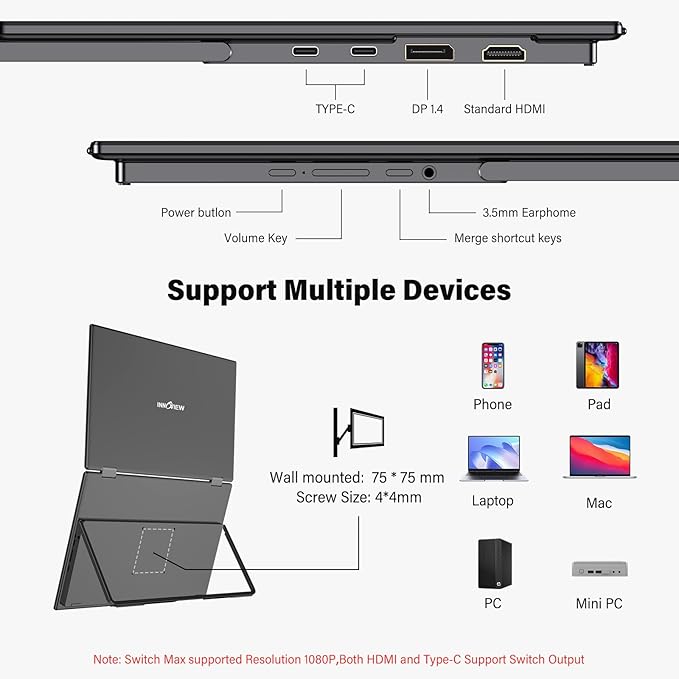 InnoView 15.6" 4K Dual Portable Monitor 3840x2160P 100% sRGB | Owl Eye Vision - Foldable Design with 315° Screen Adjustment, 180° Stand | DP/USB-C/HDMI, Dual Screen Extender for Laptop, Mac, Windows