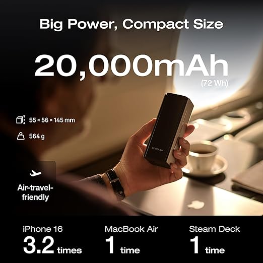 EF ECOFLOW Rapid Pro Power Bank 20000mAh, 230W Max Output with 100W Built-in Cable, 4-Port Portable Charger, Up to 120W Charging Power, Compatible with iPhone 17/16/15/14, Samsung, Laptop and More
