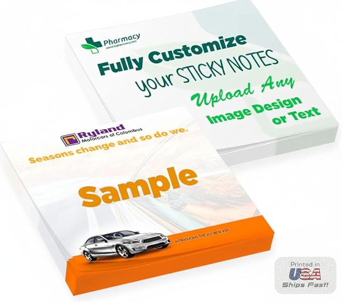 Personalized Sticky Notes 3" x 3" with Text or Logo, Custom Note Pads, 25 Sheets 250 Pack Adhesive Notepad, to Do List Memo Pads, for Office, School, Business Marketing or Party Supplies, 250 Qty