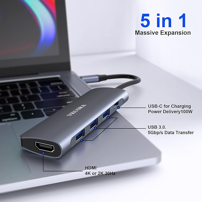USB C Hub Multiport Adapter, VKUSRA 5 in 1 Dongle USB C to 4K HDMI, 3 USB 3.0 Port, 100W PD, USBC Adapter for MacBook, XPS, Laptop, PC, and More Type C Devices