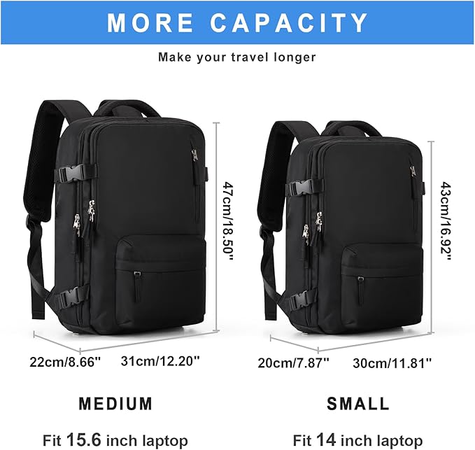 VECAVE Carry On Backpack for Women,Large Travel Backpack Flight Approved,Waterproof 15.6 Inch Laptop Backpack Business Work Backpacks Men Mochila De Viaje Black