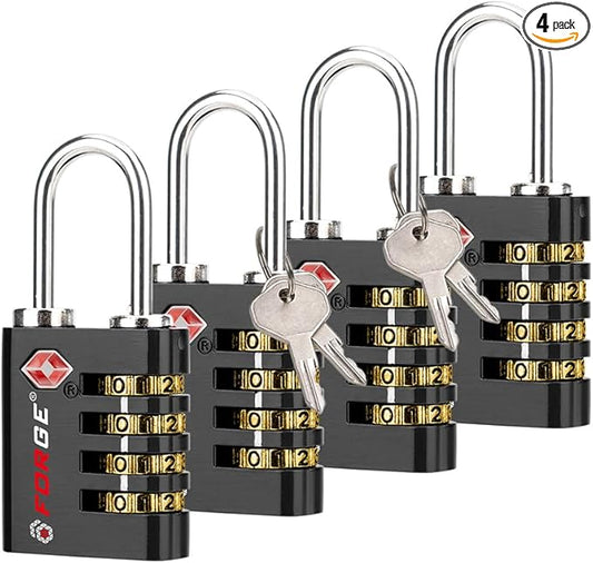 Forge Dual-Opening: Key or Combination Access Lock, TSA Approved Locks for Luggage, Pelican case, Travel, Gym, School, Stainless Steel Shackle. (Black, 4 Pk)