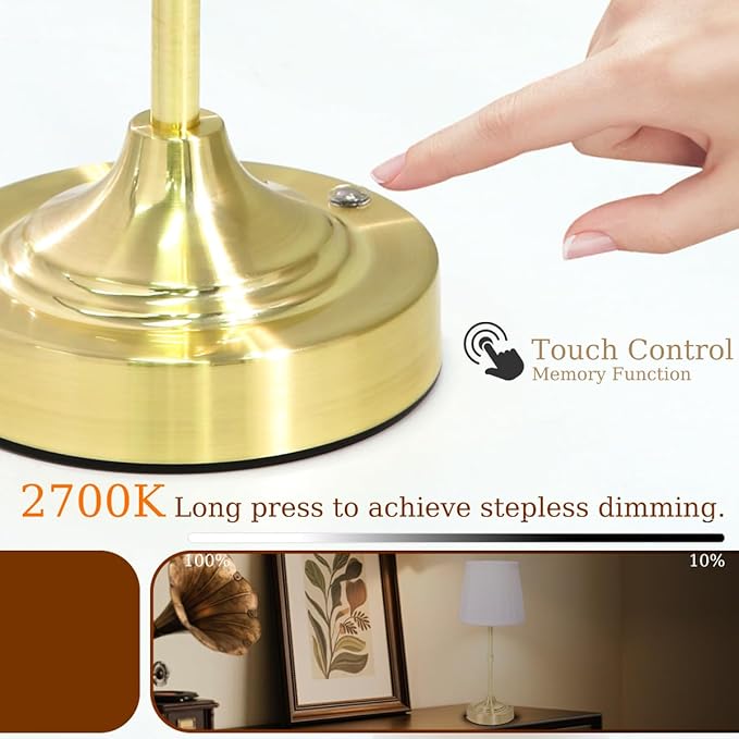 Cordless Lamp, Rechargeable Battery-Operated Lamp with Fabric Lampshades, 2 Pack Dimmable Desk Lamps for Kitchen, Bedroom, Living Room, Nightstand, Balcony, Home Décor (Gold-Pleated)