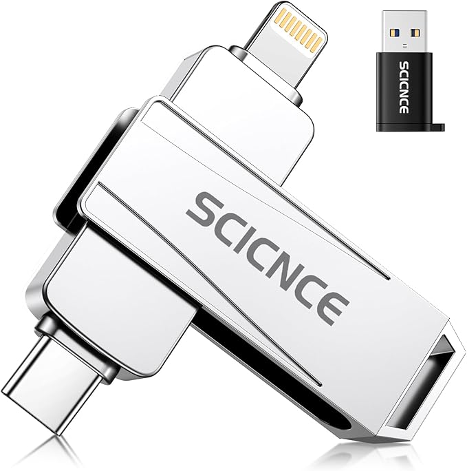 SCICNCE 256GB Flash Drive Intended for iPhone, USB Memory Stick Storage Backup for Photos Videos, Plug and Play No APP Required, Compatible with iPhone iPad Android and Computers (Metal Silver)