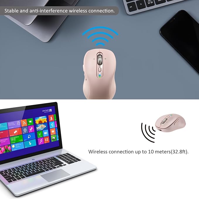 Wireless Bluetooth Mouse, Multi-Device,Portable Rechargeable, 4-Way Scroll,4 Level DPI,2.4G USB-A Receiver and Two Bluetooth, Silent Click for MacBook Air/Pro, iPad, Laptop, Computer, PC(Pink)