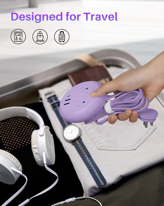 Flat Plug Power Strip with USB C Ports, KOOSLA Travel Extension Cord No Surge Protection - 2 Outlets 3 USB Ports(1250W) - Cruise Essentials for Cruise Ship, Home, Office, Dorm Room, 10ft