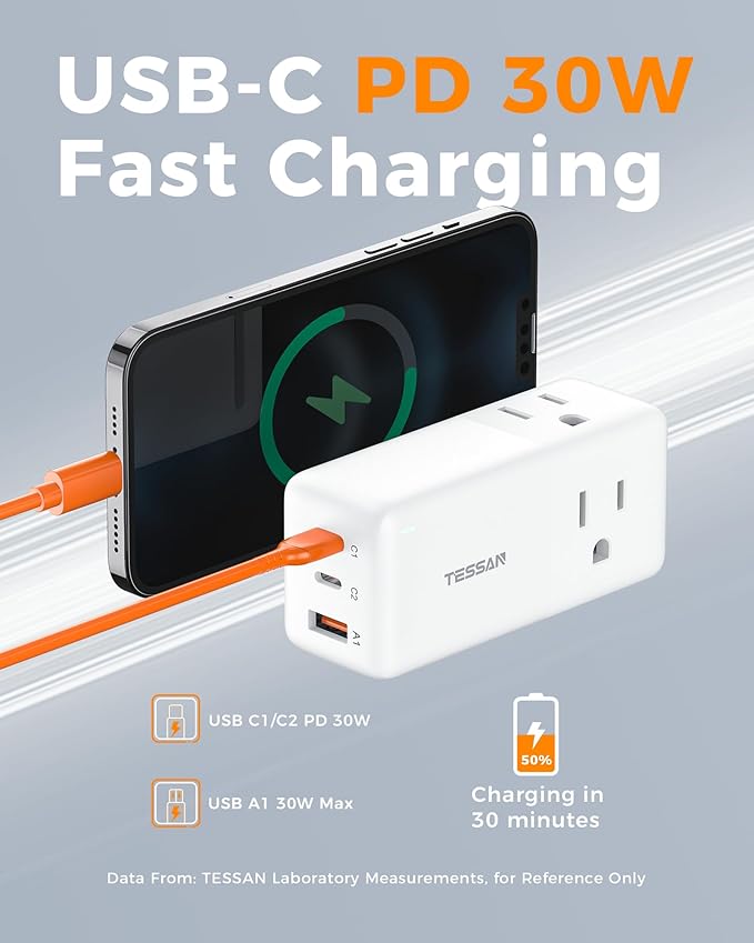 TESSAN USB Charging Station PD 30W, Flat Plug USB C Charger Blocks with 3 AC Outlets, Desktop Phone Fast Charger with 5FT Extension Cord for Phone Tablet Laptop, Travel, Office (Pack of 2)