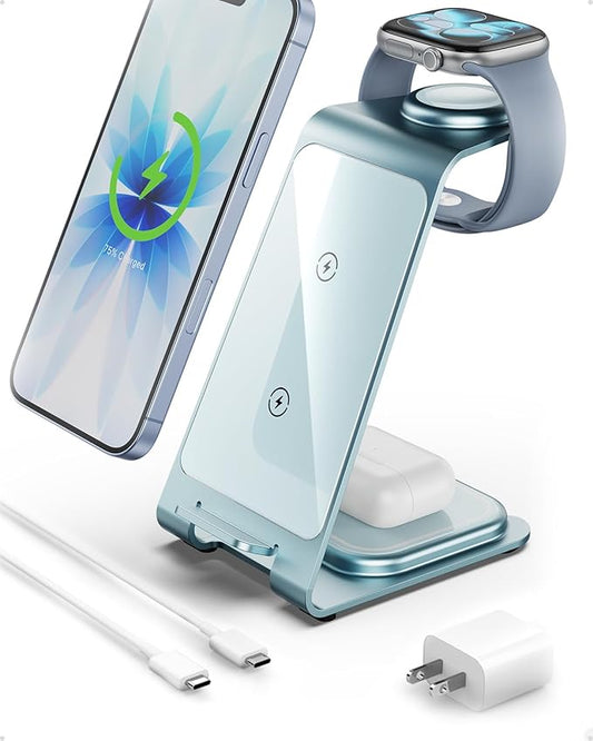 Intoval 3 in 1 Wireless Charging Station for iPhone 17 16 15 14 13 12 11 X Pro Max, Wireless Charger for Apple Watch Ultra 3 SE 9 8 7 6 5 4 3 2, for AirPods 4 Pro Pro 2 3 (Y93, Blue)