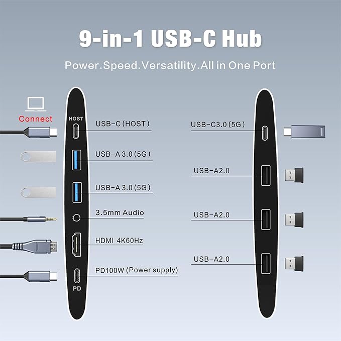 Adjustable Laptop Stand for Desk with Docking Station 9-in-1, Aluminum Laptop Riser with USB Hub, 360° Swivel, Dual Display 4K60Hz HDMI, 3 USB3.0, 100W PD Charging, for MacBook Pro Air/Dell/HP 7-15.6"