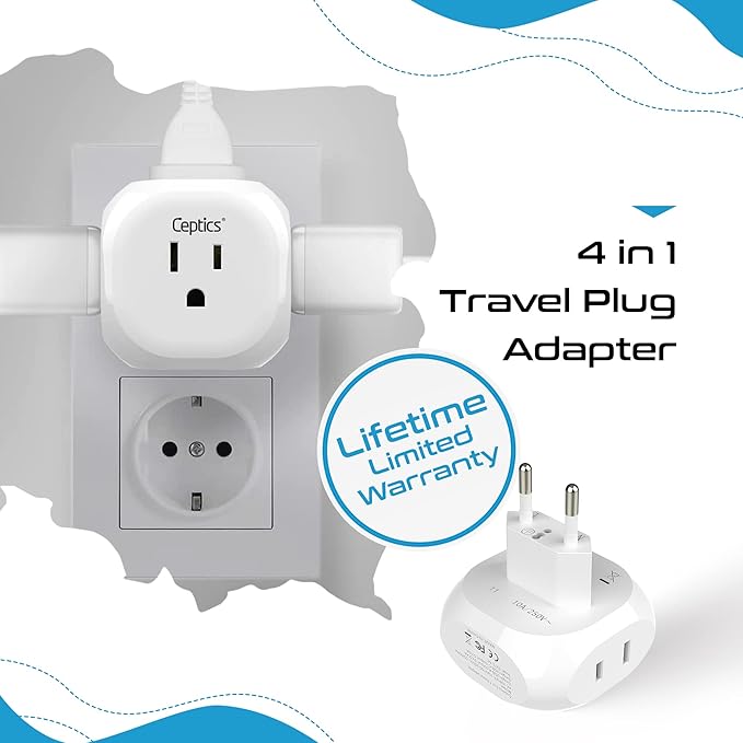 Ceptics European Travel Plug Adapter Europe Power Adaptor Charger 4 Input - Ultra Compact - Light Weight - USA to Any Type C Countries Such as Italy, Iceland, Austria and More - 2 Pack (PT-9C)