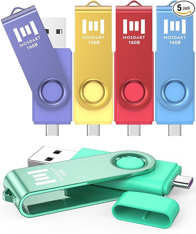 MOSDART 16GB Dual USB C Flash Drive, Type C and USB A 2.0 Thumb Drive, FAT32 Memory Stick for iPhone 15 and 16, Android Phone, iPad, MacBook and Laptops, Vibrant Colors (Pack of 5)