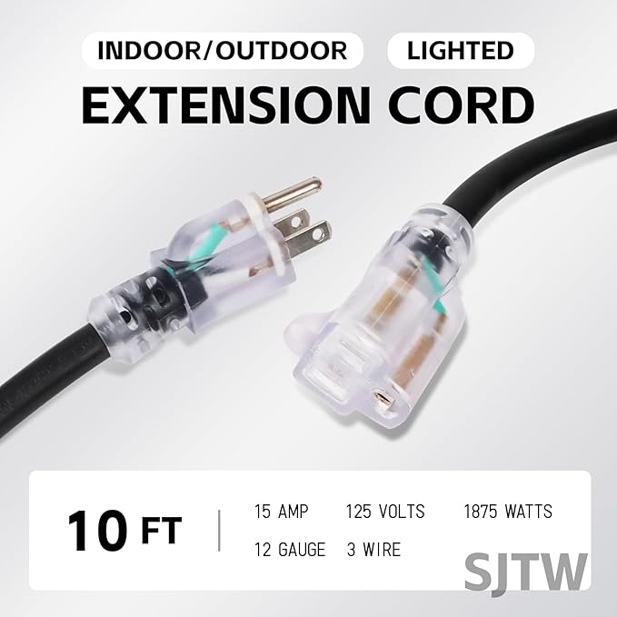 EP 10 Ft Outdoor Extension Cord, 12/3 SJTW Heavy Duty Waterproof Power Cable, 3 Prong Grounded Plug, Lighted End, for Lawn, Garden, Appliances, Black