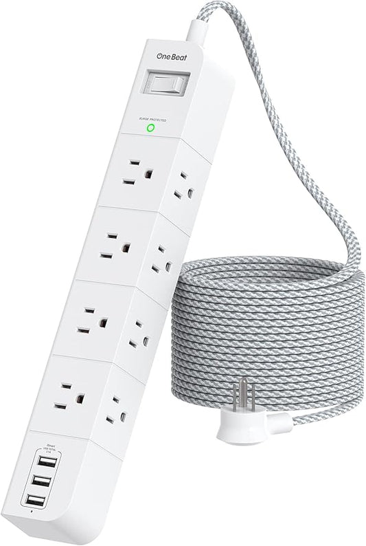 One Beat 10 ft Extension Cord,Power Strip Surge Protector 8 Widely AC Outlets 3 USB,Flat Plug,Desktop Charging Station with Overload Protection,Wall Mount for Home,Office,Travel,Computer ETL Listed