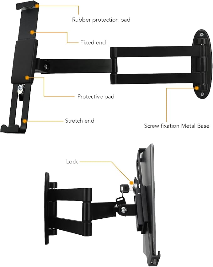 Tablet Wall Mount, Adjustable Arm Swivel, Anti-Theft Security Lock & Key, Foldable, 360 Rotating, Black