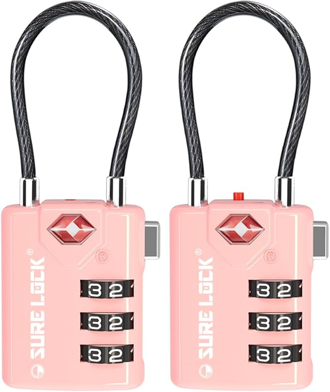 SURE LOCK TSA Compatible Travel Luggage Locks, Inspection Indicator, Easy Read Dials TSA Approved with Zinc Alloy (2, Pink 2 Pack)