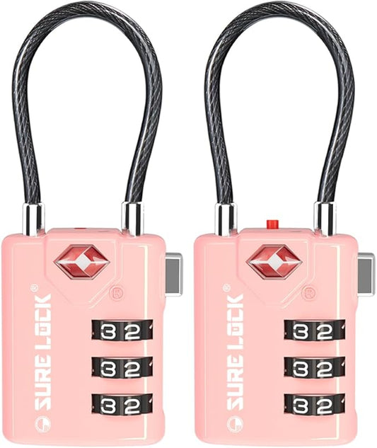 SURE LOCK TSA Compatible Travel Luggage Locks, Inspection Indicator, Easy Read Dials TSA Approved with Zinc Alloy (2, Pink 2 Pack)
