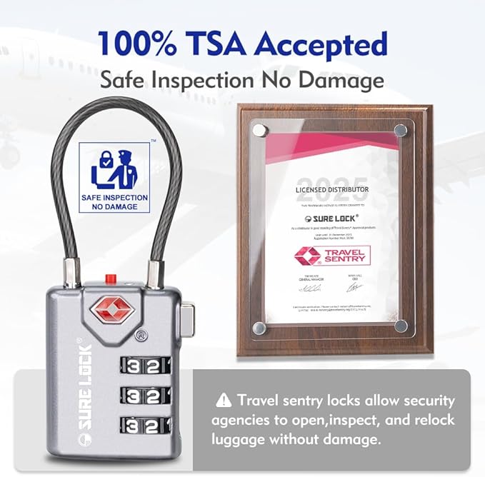 SURE LOCK TSA Compatible Travel Luggage Locks, Inspection Indicator, Easy Read Dials TSA Approved with Zinc Alloy Grey 4 Pack