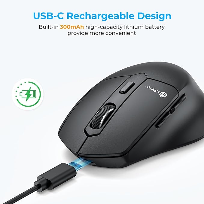 iClever MD360 Ergonomic Bluetooth Mouse with Mouse Jiggler, Wireless Rechargeable Mouse for 3 Devices (BT/2.4G), 4 DPI Settings, Compatible with iPad, Mac, PC