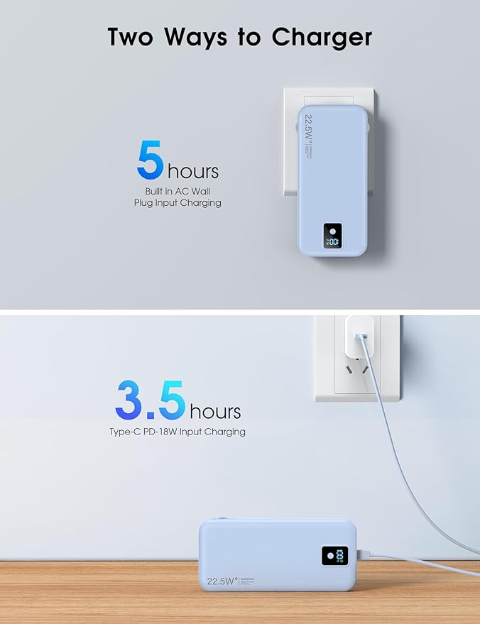 Portable Charger, 12000mAh 22.5W Fast Charging Power Bank with Built-in Cables & Wall Plug, Travel Essential Battery Pack with LED Display, USB C Battery Phone Charger for iPhone, iPad, Samsung Blue