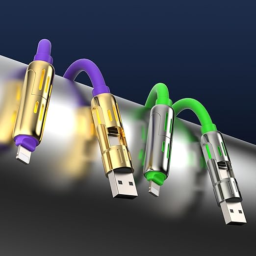 MFish 240W 4-in-1 Universal USB Charging Cable [2 Pack, 6.6ft] – Fast Charger Cord with USB-A, Dual USB-C & Lighting, for iPhone 14/15/16/17 Series, iPad & MacBook & More (2PACK, Purple+Green, 6.6Ft)