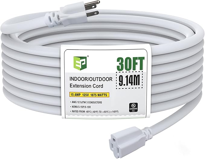 EP 30 Ft Outdoor Extension Cord, 12/3 SJTW Heavy Duty Extension Cable with 3 Prong Grounded Plug, 15 AMP Power Cord for Lawn, Garden, Appliances, White