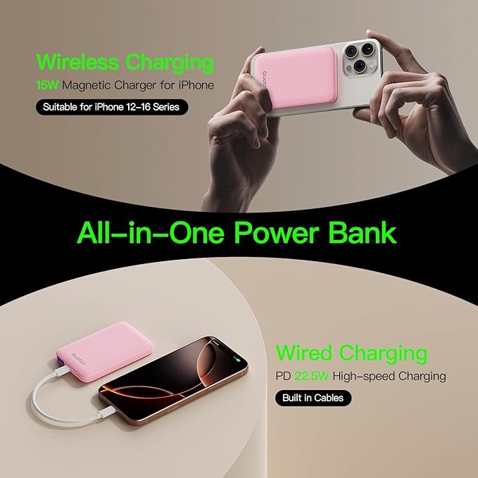 2025 Magnetic 15W Power Bank for iPhone,5000mAh Magsafe Battery Pack with 20w Fast Charging,Slim Magsafe Power Bank in&Out,with LED Display,Wireless Portable Charger for iPhone 16/15/14/13/12 Series