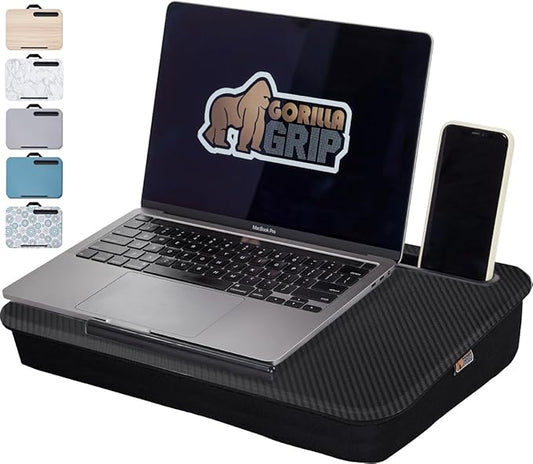 GORILLA GRIP Laptop Lap Desk with Phone Holder, Pillow Cushion Desks Fit Laptops up to 15.6", Tray Ledge Keep Computers in Place, Portable Travel Workstation Essentials for Home, Dorm Room, Black