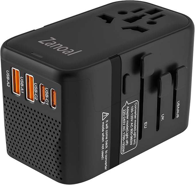 220V to 110V Voltage Converter,US to Europe Travel Converters,Universal International Travel Power Adapter with 2 Type C and 2 USB A Port,DC PD20W & QC 18W, Multi-Plug USA/UK/EU/AUS/China Converter