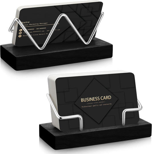 Amyhill 2 Pieces Wood Business Card Holder for Desk Wooden Business Card Display Stand Postcard Holder for Office Home Desktop (Black, Silver)