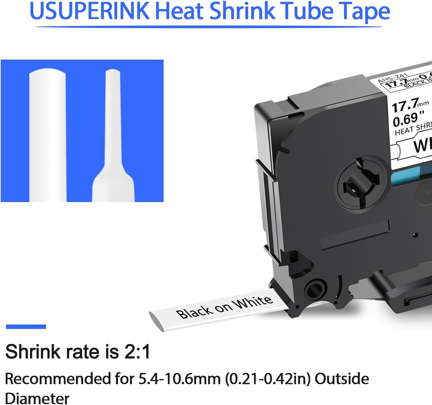 10PK Compatible for Brother Ptouch HSe-241 HSe241 HS-241 HS241 Black on White Heat Shrink Tube Label Tape use in PT-D400 PT-D600 PT-E300 PT-E500 PT-P750WVP Printer (0.69''x 4.92ft)