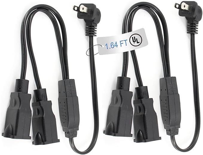 2 Prong Extension Cord Splitter, 2-Pack 90°Right Angle Flat Plug, Slim & Flexible Indoor Short Power Splitter (1.64ft, UL Certified, Black)