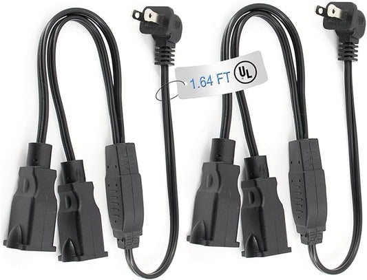 2 Prong Extension Cord Splitter, 2-Pack 90°Right Angle Flat Plug, Slim & Flexible Indoor Short Power Splitter (1.64ft, UL Certified, Black)
