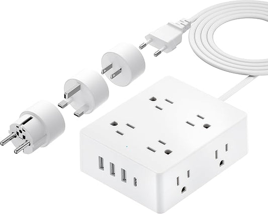 European Travel Plug Adapter, Olcorife Power Strip with EU UK US Plug Adapter, 8 Outlets 4 USB Ports with 5ft Extension Cord, International Power Adapter for US to Europe UK