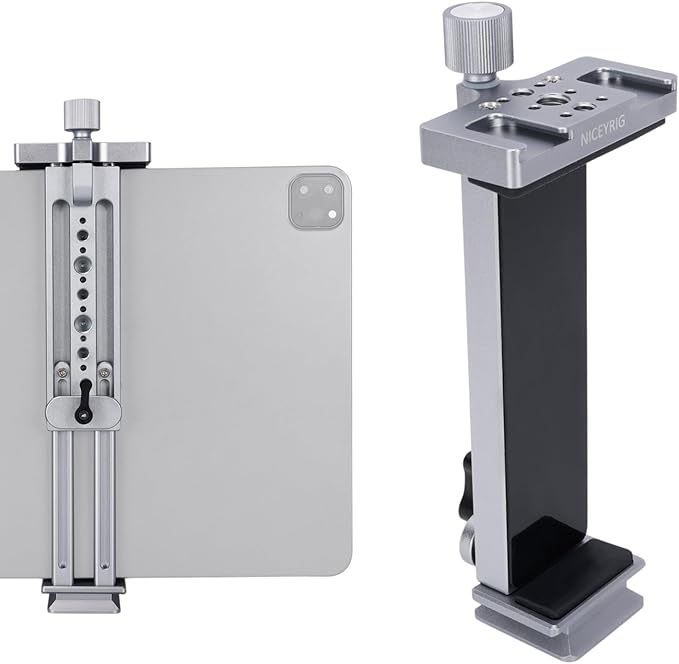 NICEYRIG Tablet Tripod Mount Aluminum Holder for iPad mini 8.3'' 7.9'', iPad Air, iPad Pro, 130mm - 223mm Adjustable Mounting Clamp with Double Locking Points, Quick Release Plate for Arca-style - 616