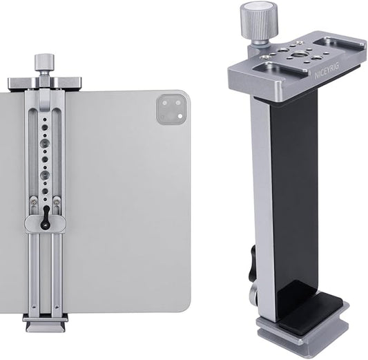 NICEYRIG Tablet Tripod Mount Aluminum Holder for iPad mini 8.3'' 7.9'', iPad Air, iPad Pro, 130mm - 223mm Adjustable Mounting Clamp with Double Locking Points, Quick Release Plate for Arca-style - 616