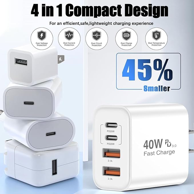 iPhone 17 16 Charger,4-Port USB C Charger Block Fast Charging 2Pack 40W Wall Charger with 10FT USB C to C Woven Braid Cable Cord for iPhone 17 Pro Max/17 Pro/17/Air/16e/16 Pro Max/16 Plus/15/iPad
