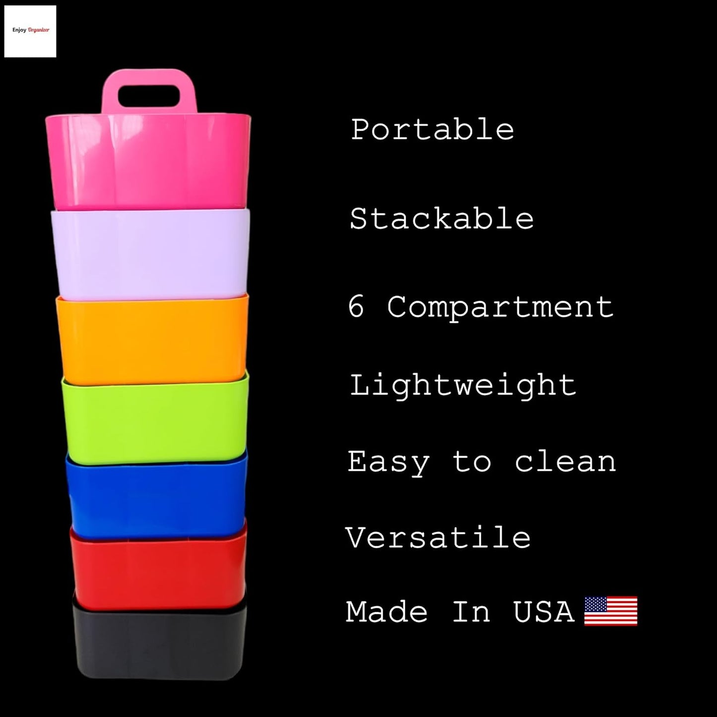 2 Pack Small 6 Compartment Multiuse Caddy Organizer with Handle Art Craft Supplies, Office, Desk, Stationery Pen Holder Stackable- Made In USA (Orange/Green)