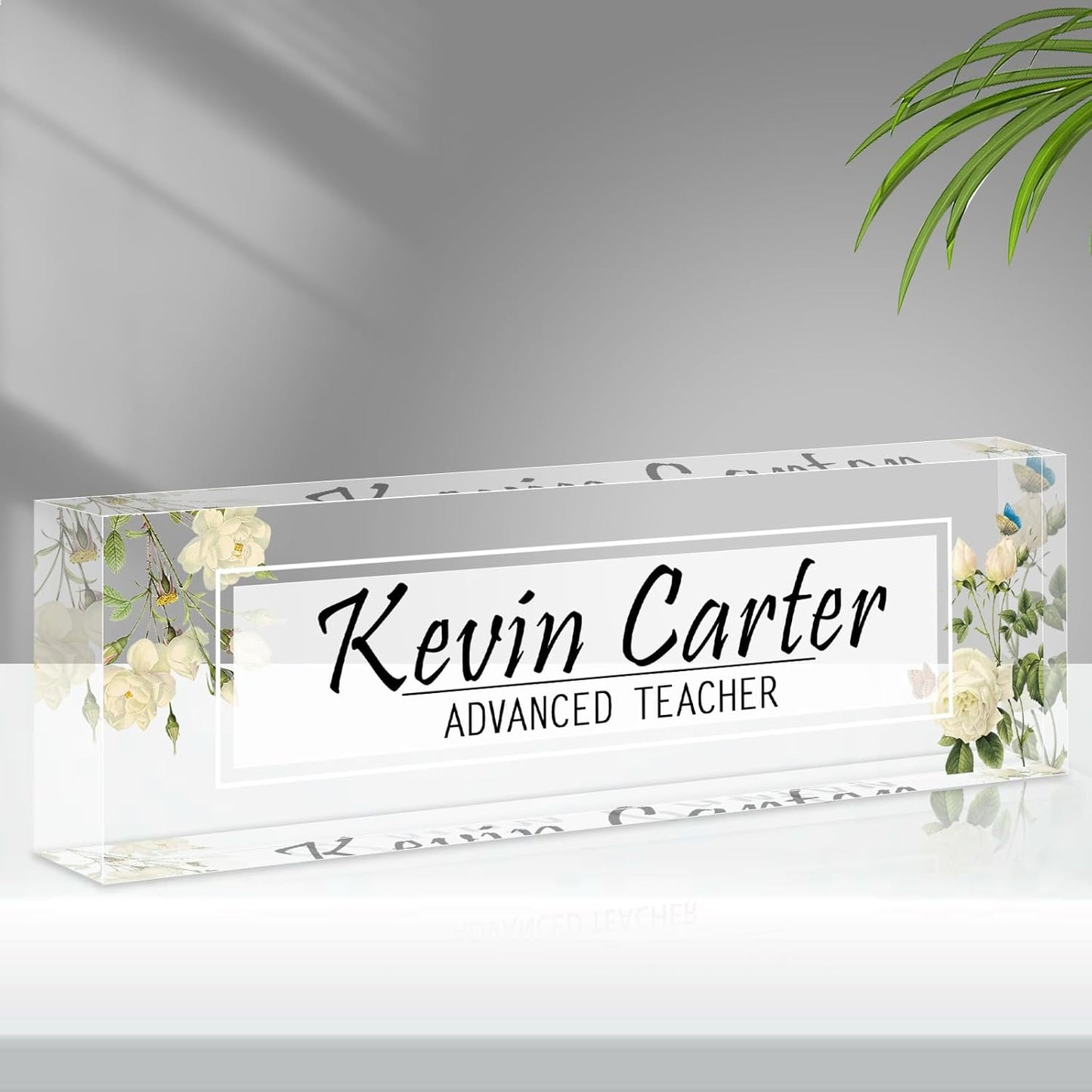 Name Plate for Desk Personalized, Acrylic Desk Decorations, Employee Appreciation Gifts, Custom Office Gifts for Coworkers, Boss, Teacher, Nurse (White Flowers)