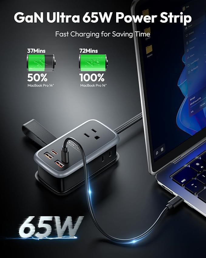 NTONPOWER GAN Ultra 65W USB Fast Charging Station, 7 in 1 Travel Power Strip with 3 Outlets 4 USB (2 USB C), Extension Cord 4ft, Travel Essentials, Cruise Power Strip Compatible with MacBook, iPhone